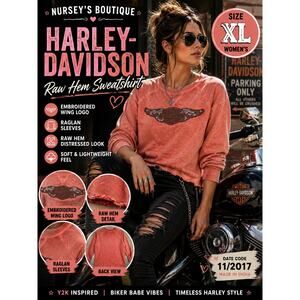 Harley Davidson Raw Hem Sweatshirt XL Coral Embroidered Wing Logo Top